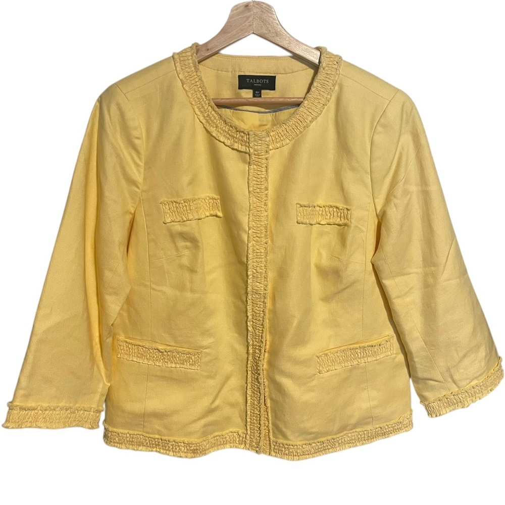 Talbots Jacket Size 16 Petite Yellow Linen Cotton Blazer Textured Hems